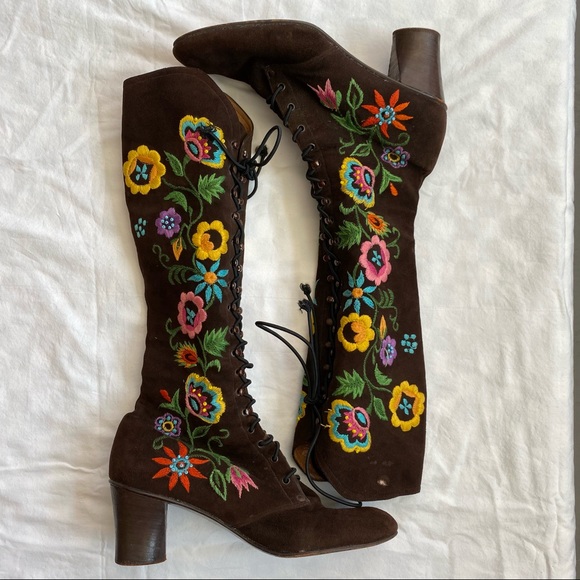 Vintage 70s Jerry Edouard Embroidered Knee High Lace Up Boots, 7B - Picture 2 of 16